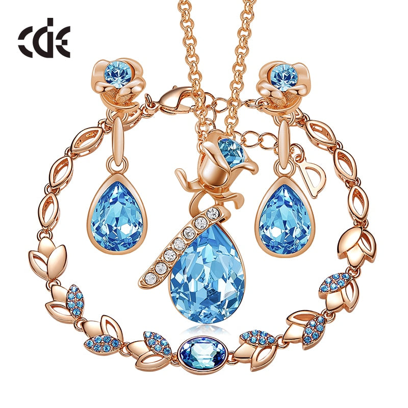 Women Gold Jewelry Set Embellished with Blue Crystal Rose Necklace Earrings Bracelet - 100007324 Find Epic Store