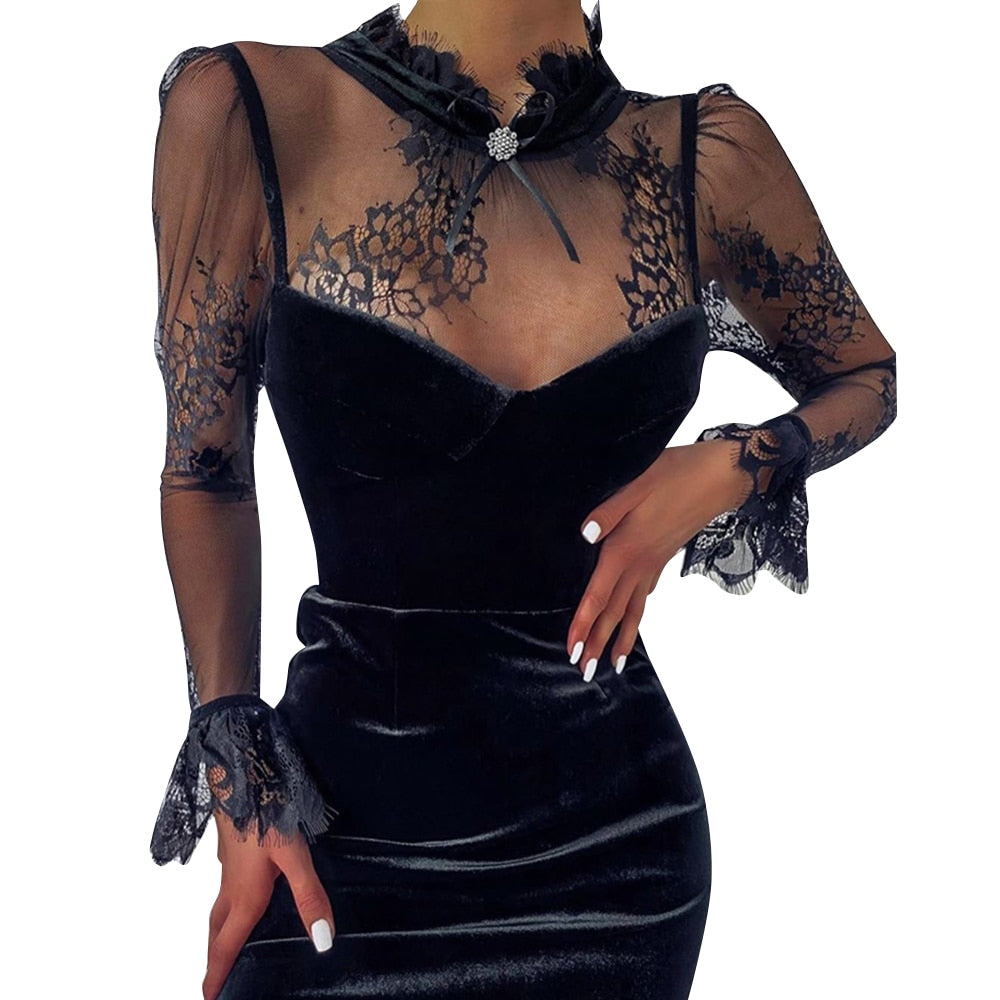 Black Mesh Lace Bodycon Dress - 200000347 Find Epic Store