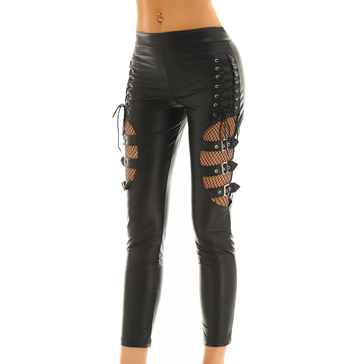 Women Black Faux Leather Fishnet Splice Pants - 200000366 Find Epic Store
