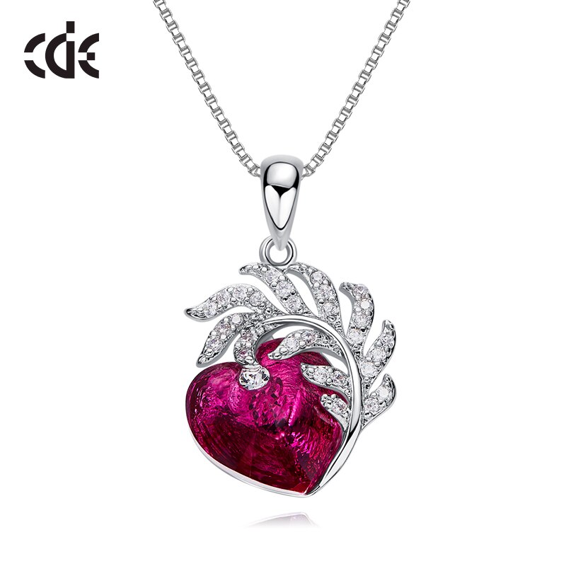 Fuchsia Heart Pendant Necklace with Crystal Feather Necklace - 200000162 Find Epic Store
