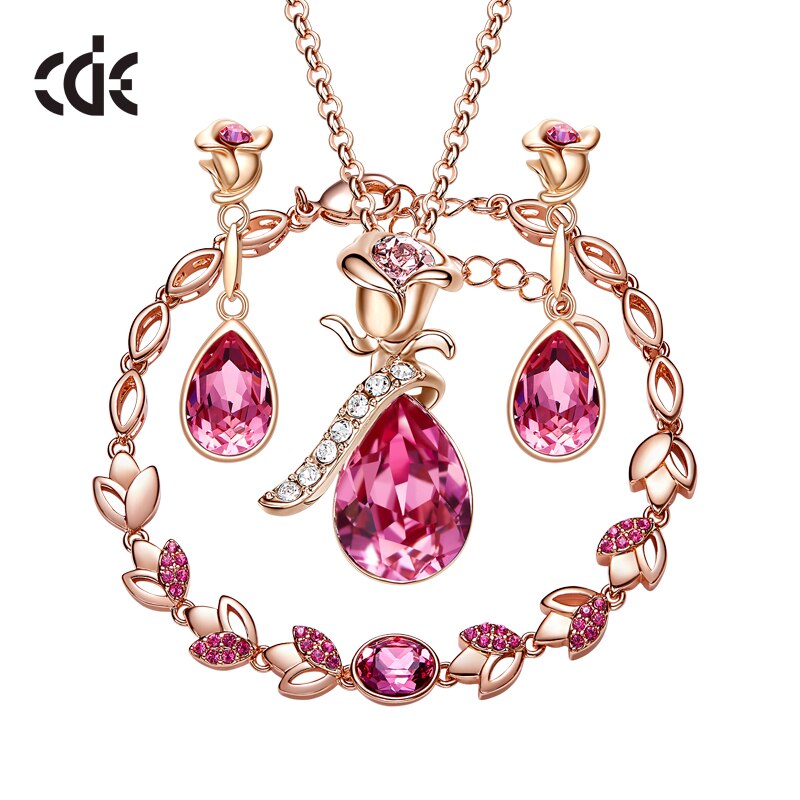 Women Wedding Jewelry Set Embellished with Crystals Rose Flower Pendant Necklace Earrings Bracelet 3PCS/SET - 100007324 Find Epic Store