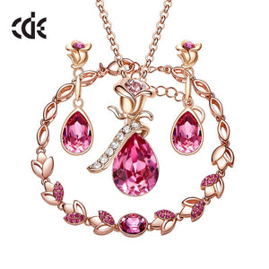 Women Wedding Jewelry Set Embellished with Crystals Rose Flower Pendant Necklace Earrings Bracelet 3PCS/SET - 100007324 Find Epic Store