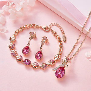 Women Wedding Jewelry Set Embellished with Crystals Rose Flower Pendant Necklace Earrings Bracelet 3PCS/SET - 100007324 Find Epic Store