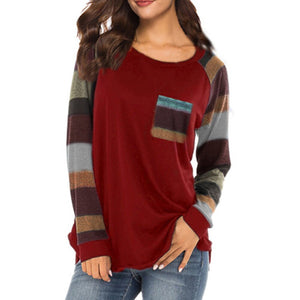Long Sleeve Patchwork Tops T-shirt - 200000791 Red / S / United States Find Epic Store