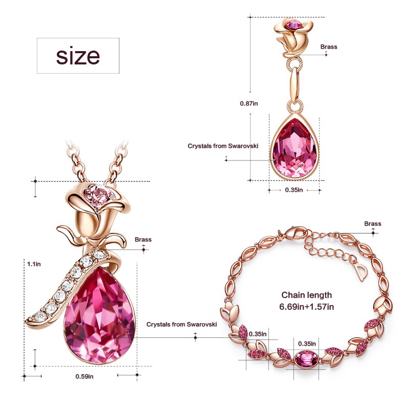 Women Wedding Jewelry Set Embellished with Crystals Rose Flower Pendant Necklace Earrings Bracelet 3PCS/SET - 100007324 Find Epic Store