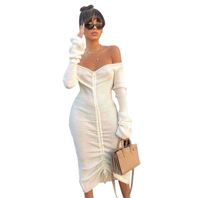 White Slash Neck Long Sleeve Dress - 200000347 Off shoulder Dress / S / United States Find Epic Store