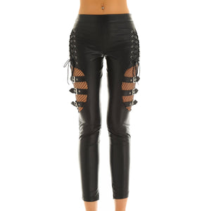Women Black Faux Leather Fishnet Splice Pants - 200000366 Black / M / United States Find Epic Store