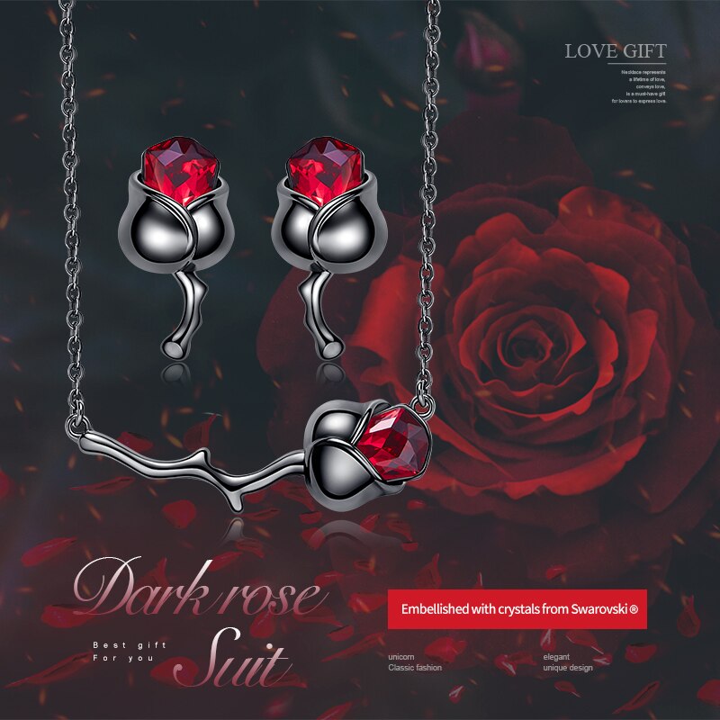 Women Jewelry Set with Crystals Dark Rose Flower Pendant Necklace Earrings Set Wedding Party Jewelry Gift - 100007324 Find Epic Store