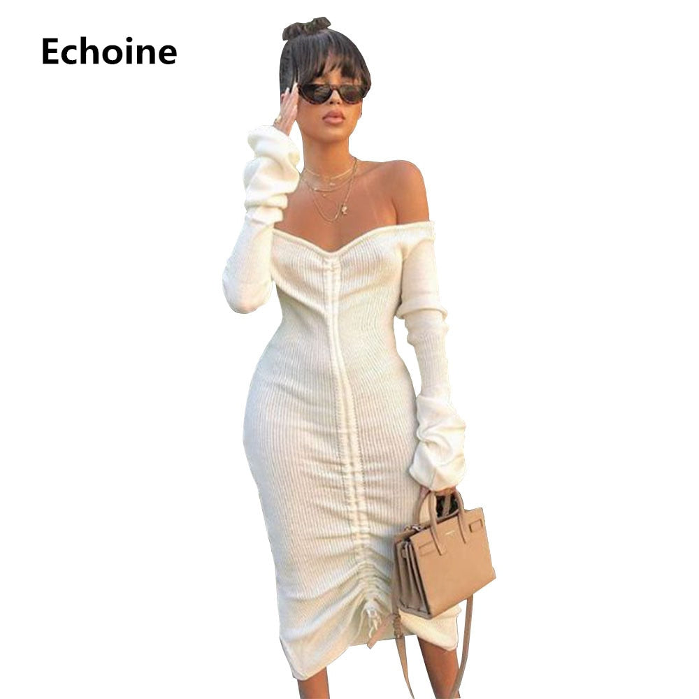 White Slash Neck Long Sleeve Dress - 200000347 Find Epic Store