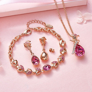 Women Wedding Jewelry Set Embellished with Crystals Rose Flower Pendant Necklace Earrings Bracelet 3PCS/SET - 100007324 Find Epic Store