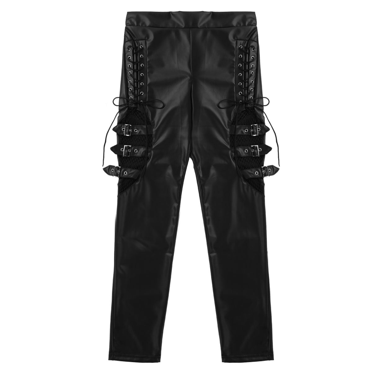 Women Black Faux Leather Fishnet Splice Pants - 200000366 Find Epic Store