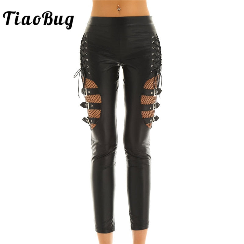 Women Black Faux Leather Fishnet Splice Pants - 200000366 Find Epic Store