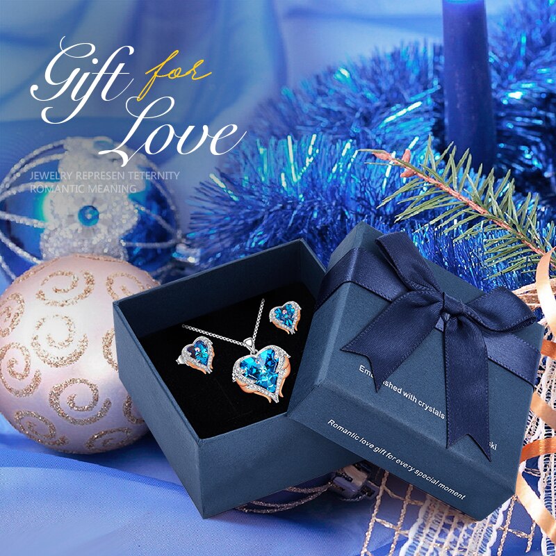 Crystals Heart Jewelry Set for Women Wedding Party Accessories Angel Wings Necklace Earrings Set Wift Gift - 100007324 Blue Gold in box / United States / 40cm Find Epic Store