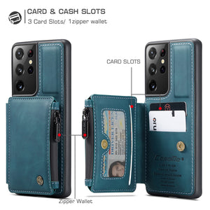 For Samsung Galaxy S21, for Samsung S21 Plus, for Samsung S21 Ultra 5G Leather Case, CaseMe Retro Back Case Card Slots Zipper Wallet Back Case Stand Back Cover - Find Epic Store