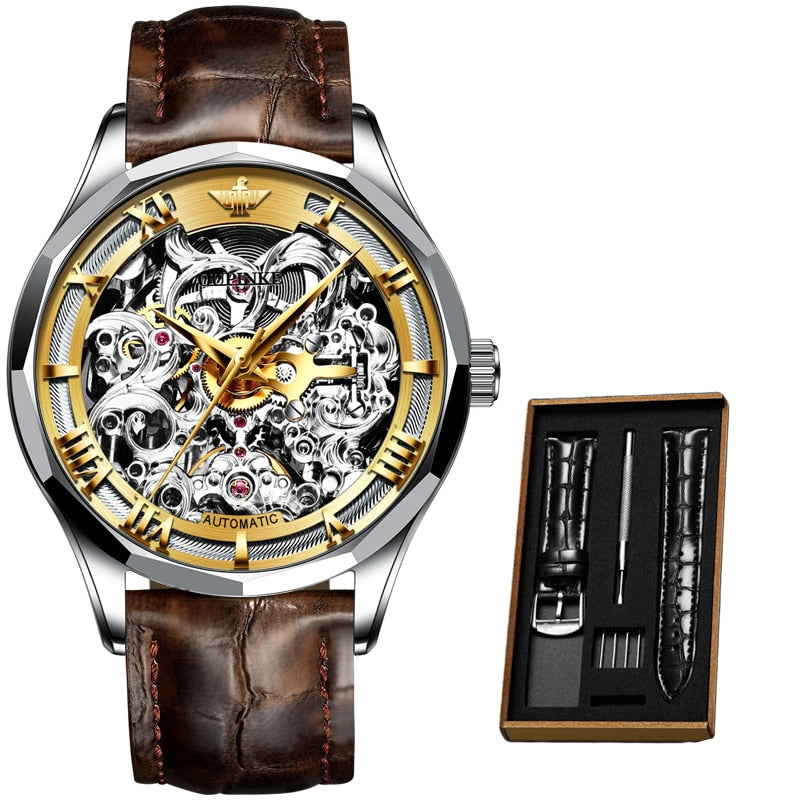 Men Skeleton Genuine Leather Luxury Automatic Wristwatch - 200033142 gold gray face-brown / United States Find Epic Store