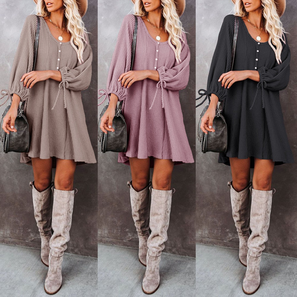 Knitted Button Long Sleeve O neck Solid Dress - Find Epic Store