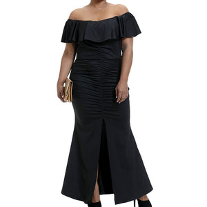 6XL Plus Size Elegant Ruched Ruffle Off Shoulder Dress - 200000347 Find Epic Store