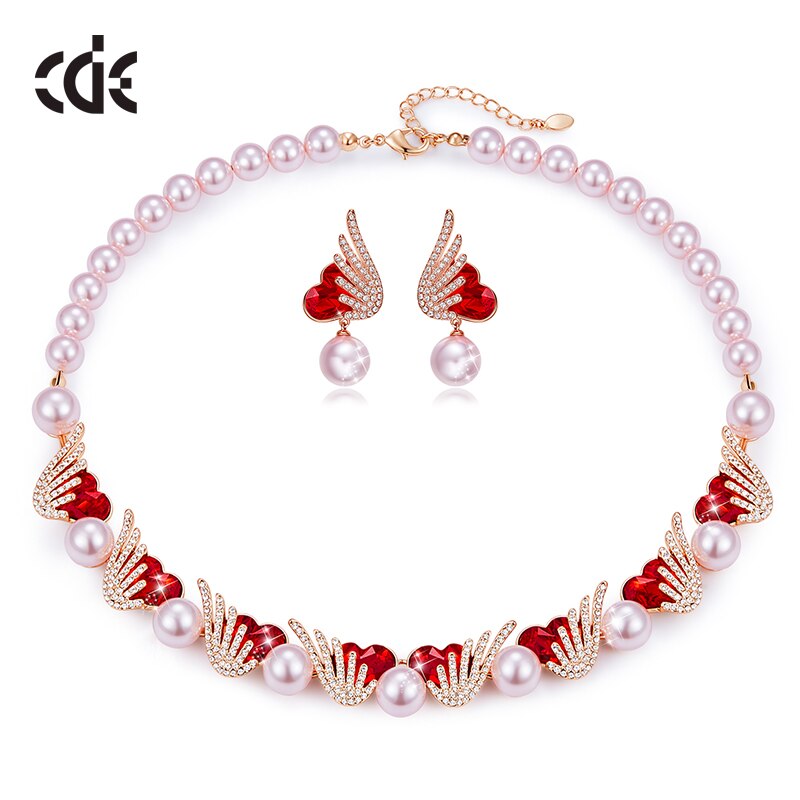 Luxury Wedding Jewelry Set with Heart Crystals and Pearls Rose Gold Necklace Earrings - 100007324 Find Epic Store