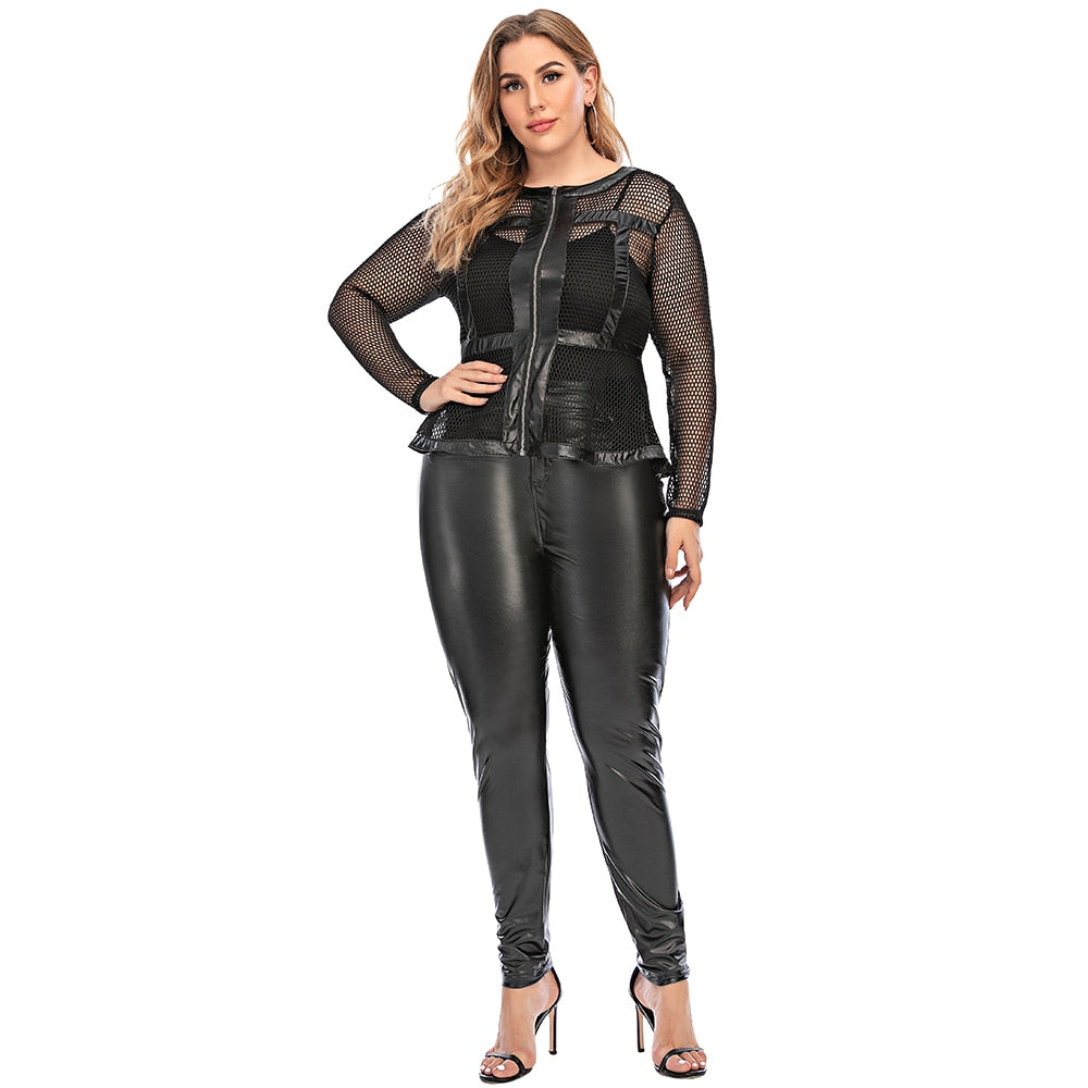 3 Piece Set Long Sleeve Mesh Top PU Leather Pants Outfit - 201530602 Black / L / United States Find Epic Store