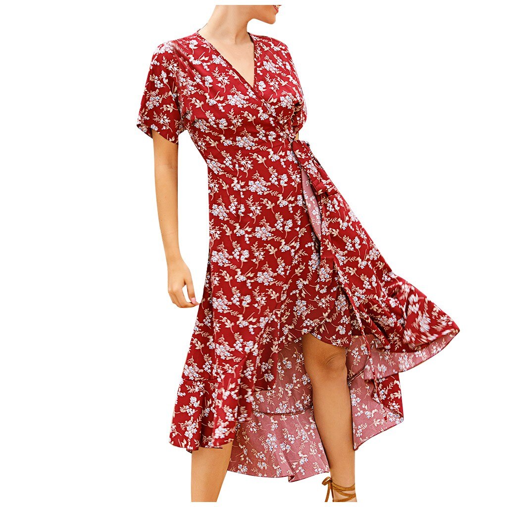 Floral Print Ruffled Irregular Dress - 200000601 Red / S / United States Find Epic Store