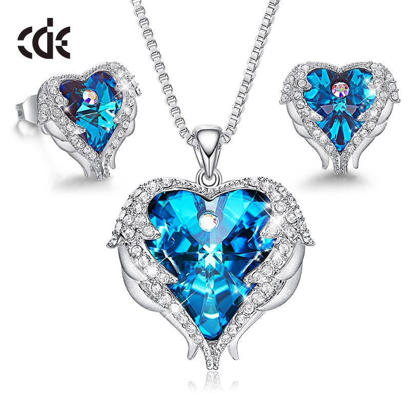 Women Necklace Earrings Jewelry Set Embellished With Crystals Women Heart Pendant Stud Fashion Jewelry - 100007324 Blue / United States / 40cm Find Epic Store