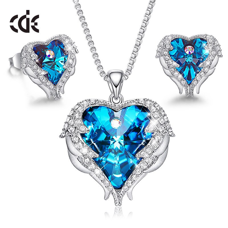 Women Jewelry Set Embellished with Crystals Necklace Earrings Set Fashion Heart Angel Wings Accessories Set - 100007324 Blue / United States / 40cm Find Epic Store