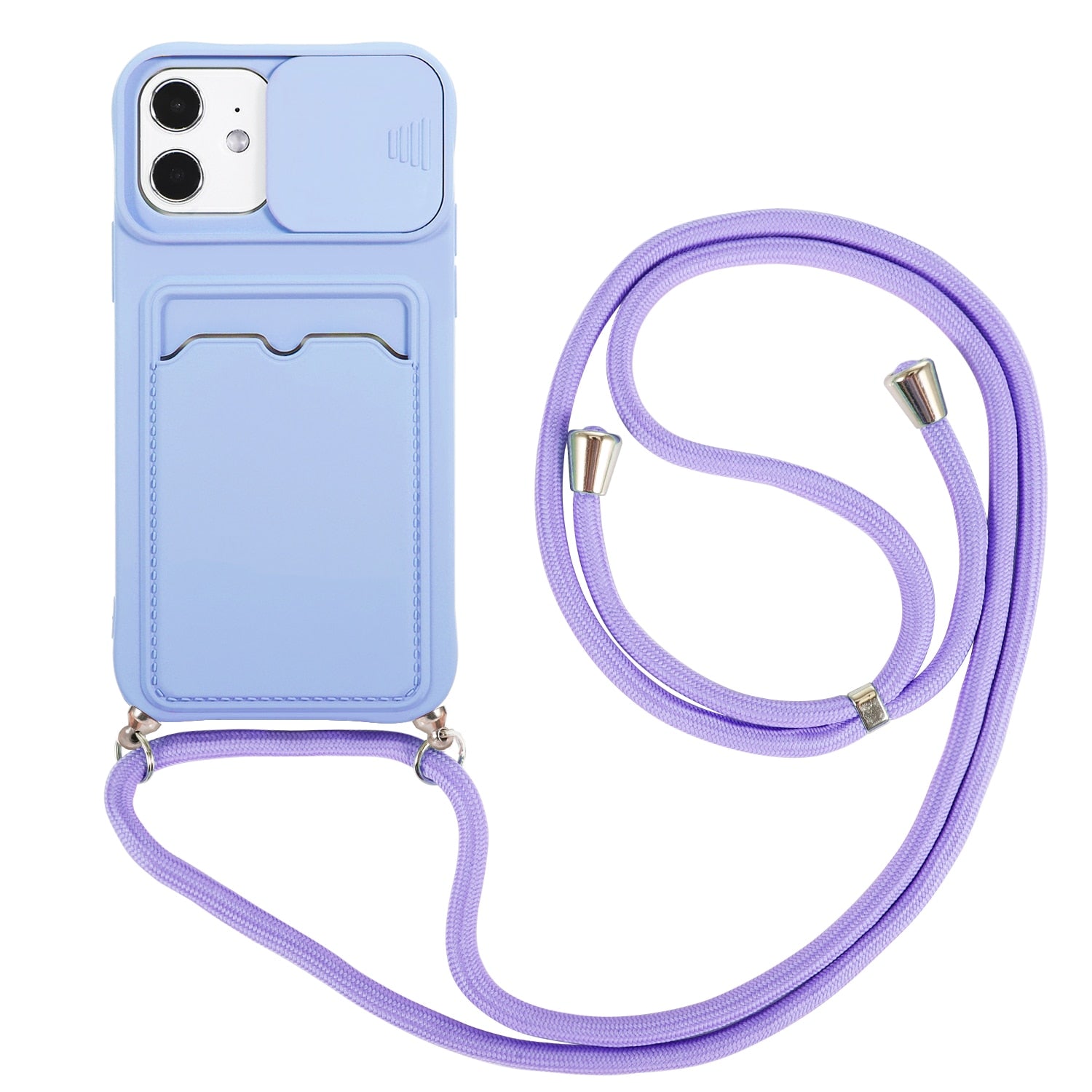 Slide Camera Lens Protection With Card Holder Phone Case for iPhone 11 12 Pro Max XS MAX XR 6s 7 8 Plus Credit Slot With lanyard - 380230 For iPhone 7 or 8 / Light Purple / United States Find Epic Store