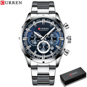 Watch Blue Dial Stainless Steel Band Date Mens Business Male Watches Waterproof Luxuries Men Wrist Watches for Men - 0 Silver blue box Find Epic Store