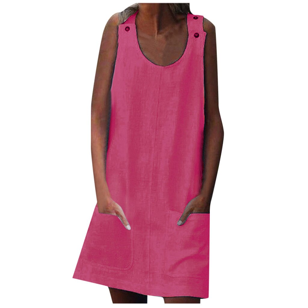 Button Plain Pocket Bohemian Dress - 200000601 Hot Pink / S / United States Find Epic Store
