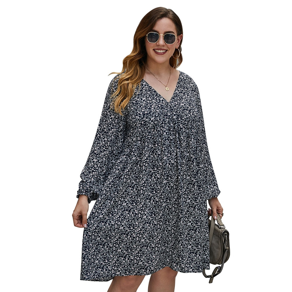 Elegant Plus Size V Neck Floral Print Long Sleeve Loose Boho Dress - 200000347 Find Epic Store