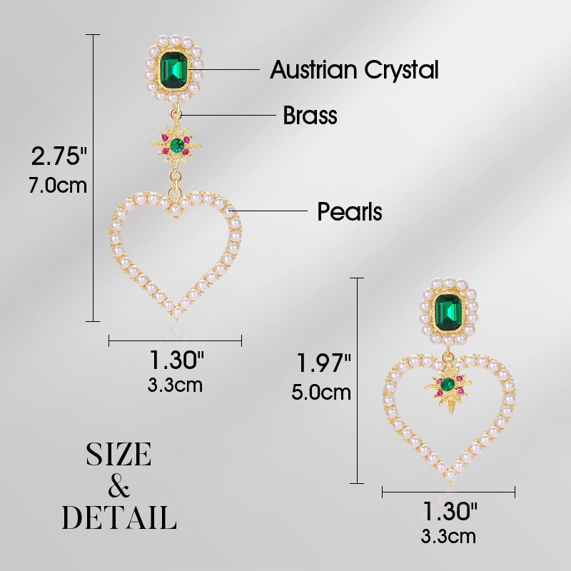 Pearl Heart Asymmetry Dangle Earrings with Green Crystals Boho Jewelry - 200000168 Find Epic Store