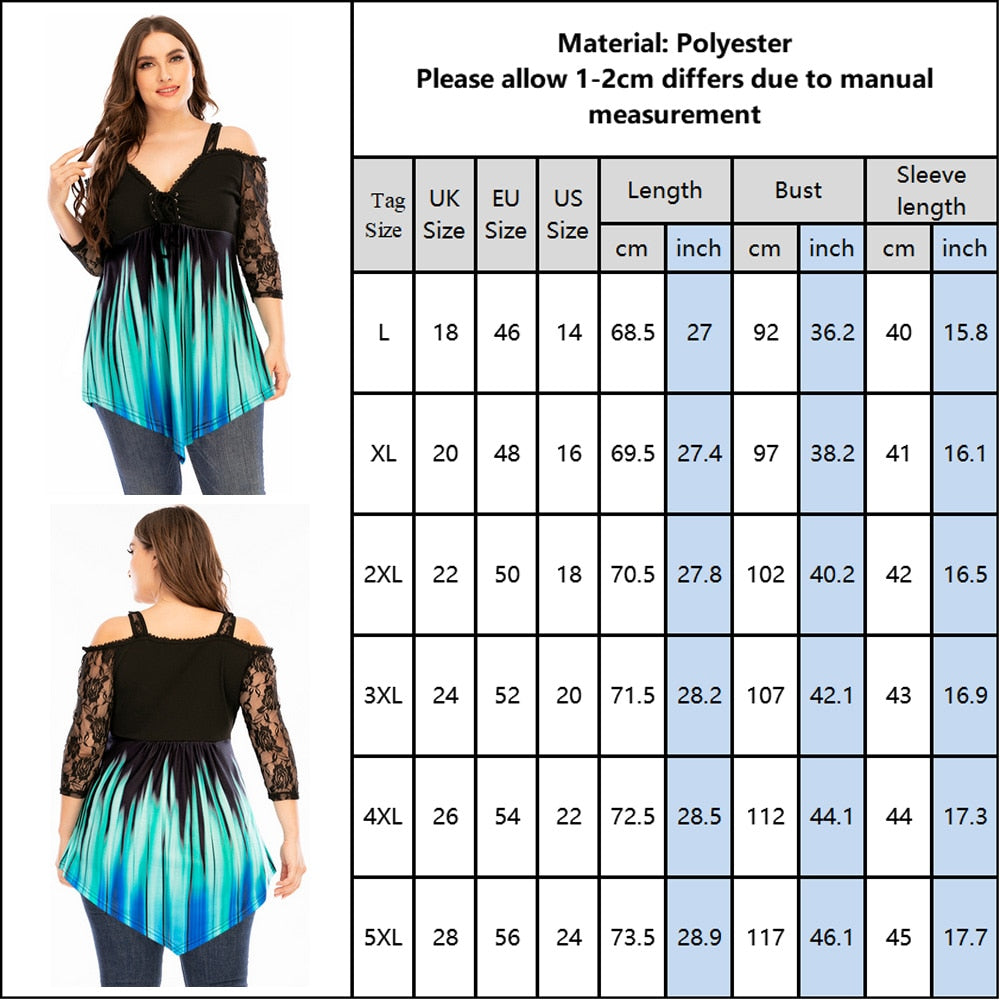 5XL Lace Patchwork Gradient Print Off Shoulder Irregular T-shirt - 200000791 Find Epic Store