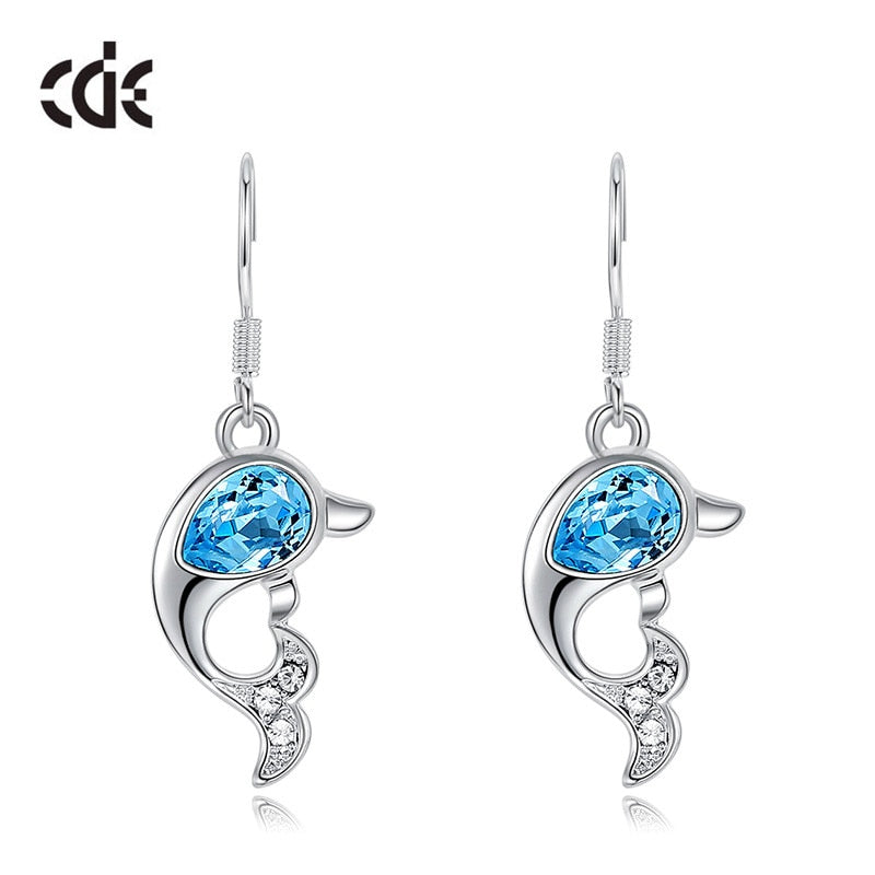 Cute Cartoon Dolphins Dangle Drop Earrings with Sky Blue Crystal Animal Earrings - 200000168 Find Epic Store