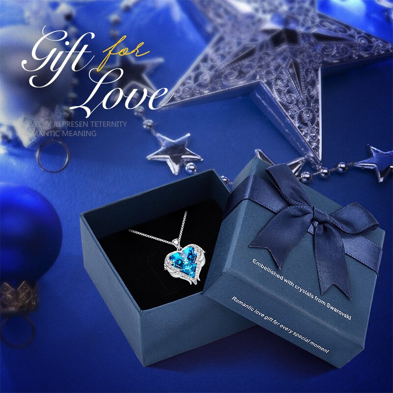 Crystal Necklace New Design Sparkling Heart Blue Stone Pendant Necklace for Women Angel Wing Original Jewelry - 200000162 Blue in box / United States / 40cm Find Epic Store