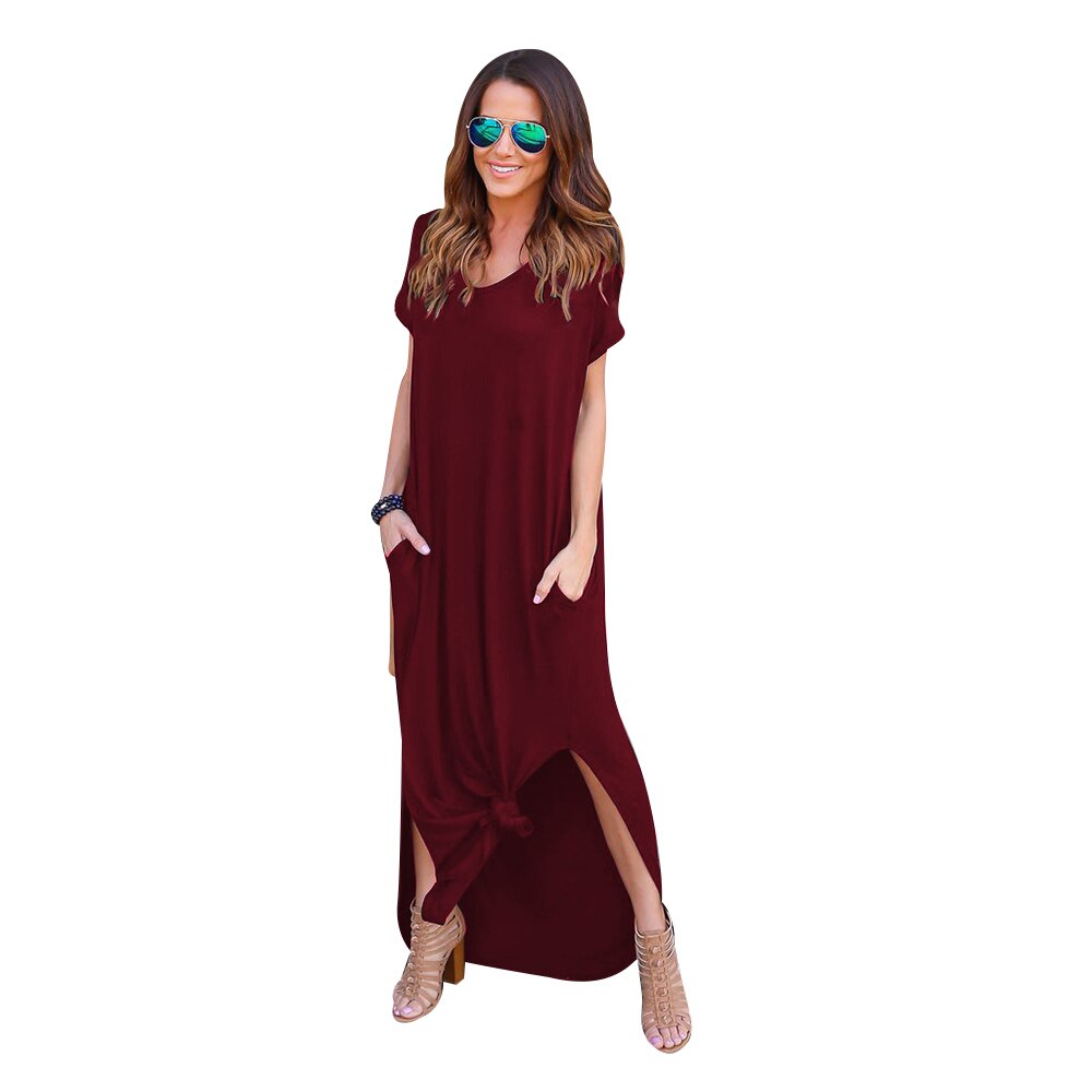 V Neck Side Pocket Slit Long Dress - 200000347 Wine Red / S / United States Find Epic Store