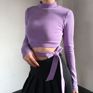 Solid Color Bow Round Neck Skinny Crop Top - 200000791 Find Epic Store