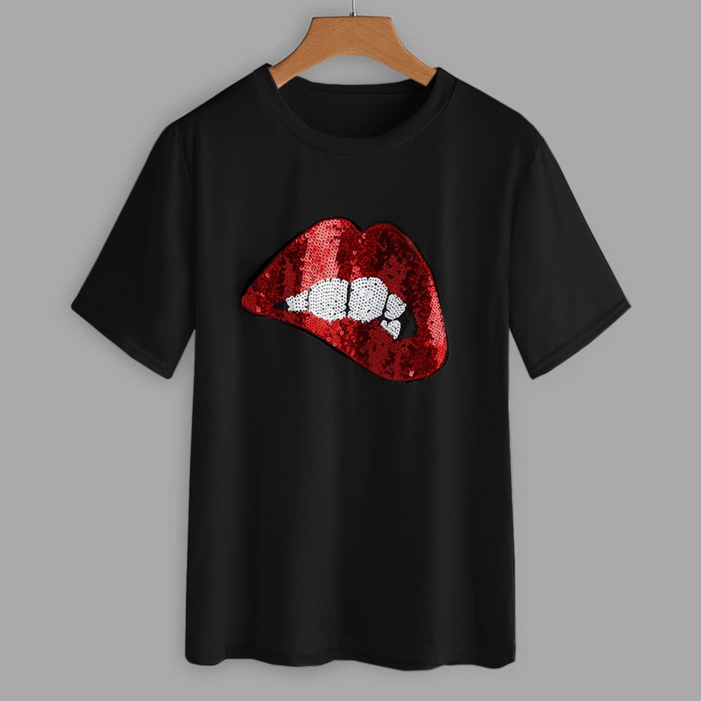 Plus Size Red Lip Print T-Shirt - 200000791 Find Epic Store