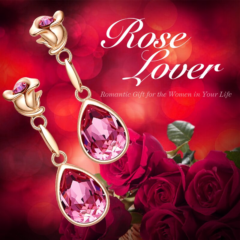 Jewelry Pink Crystals Rose Flower & Teardrop Statement Earrings - 200000168 Find Epic Store