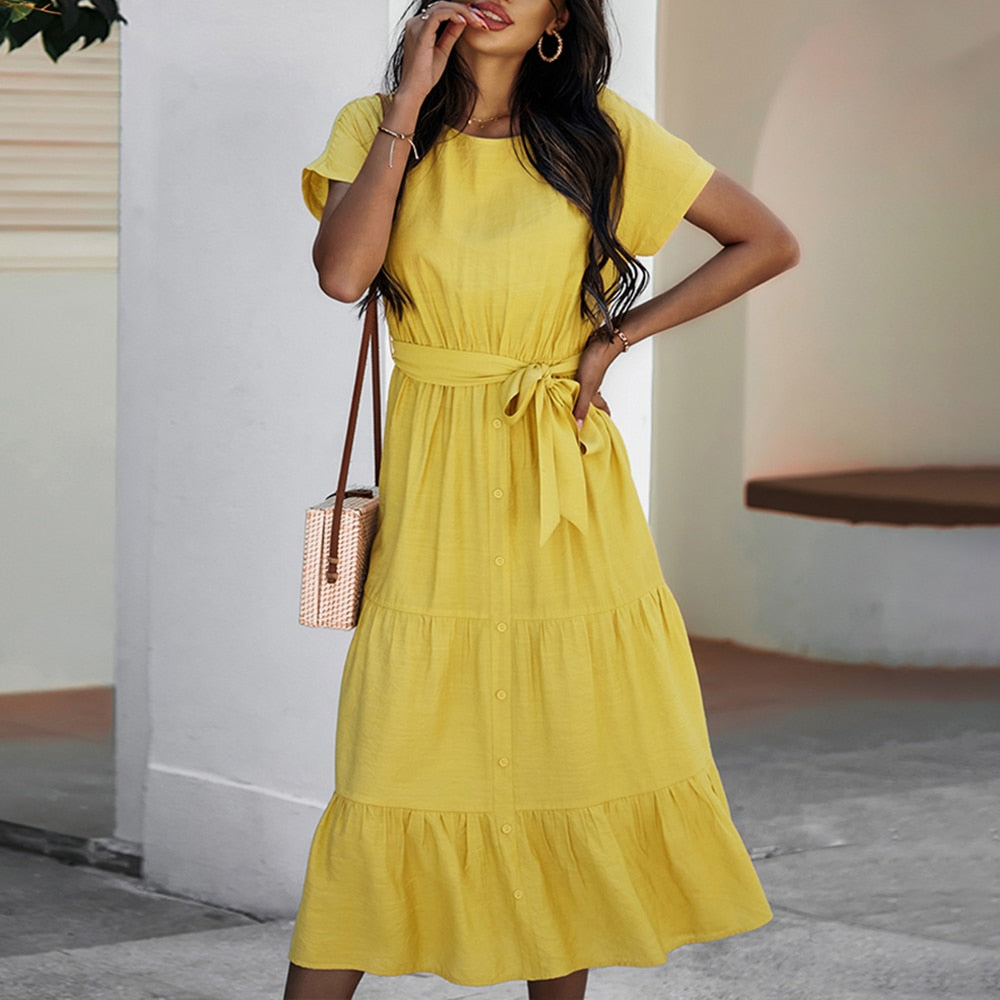 Short Sleeve O Neck Long Dress - 200000347 Yellow / S / United States Find Epic Store