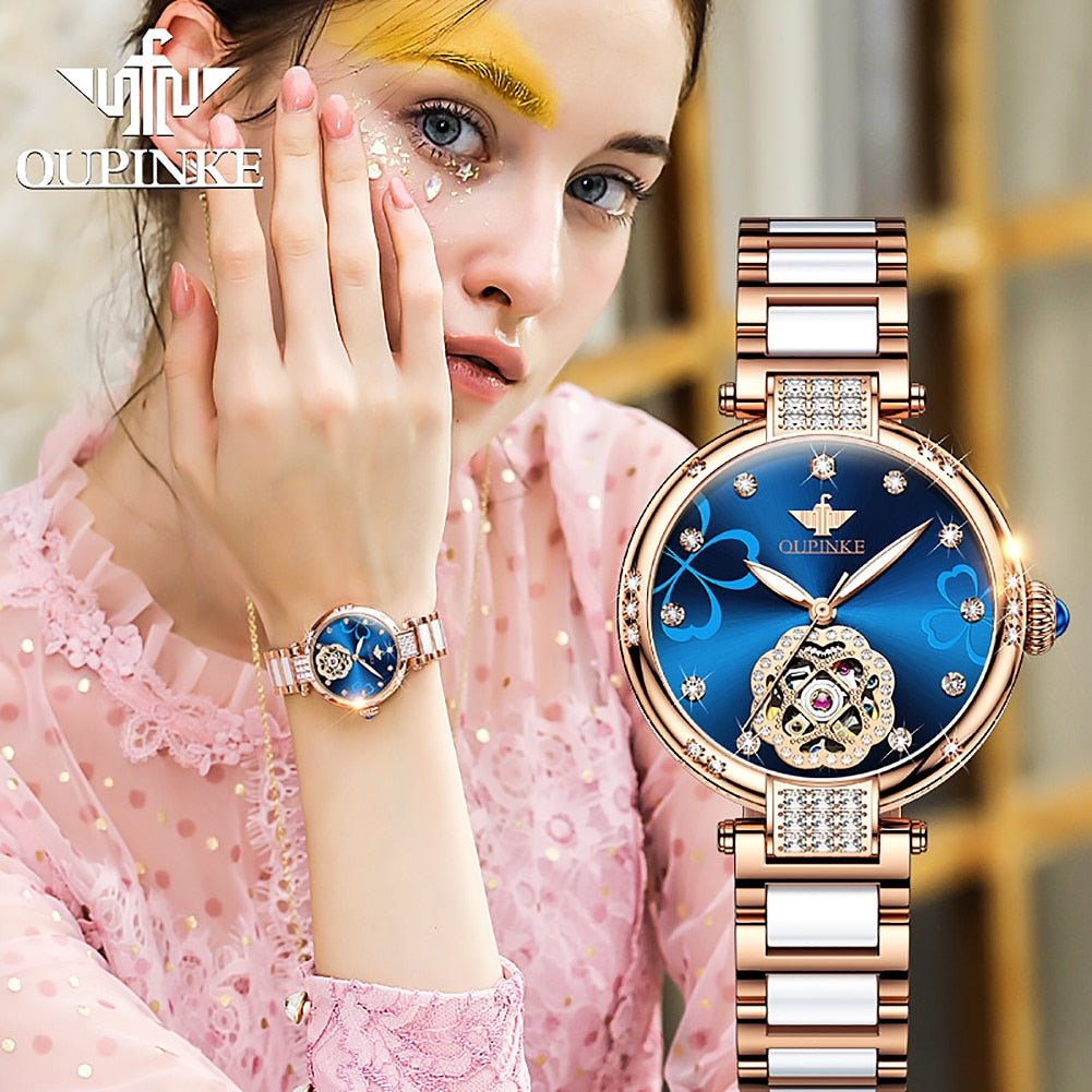 OUPINKE Luxury Automatic Zircon Display Clam Dial Sapphire Watch - 200363143 Find Epic Store