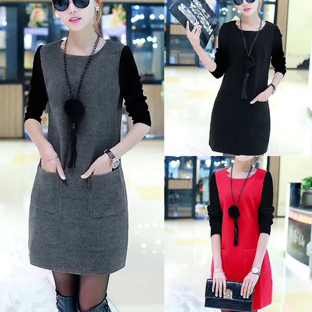 Loose Long Sleeve Splice Pocket O-neck Dress - Find Epic Store