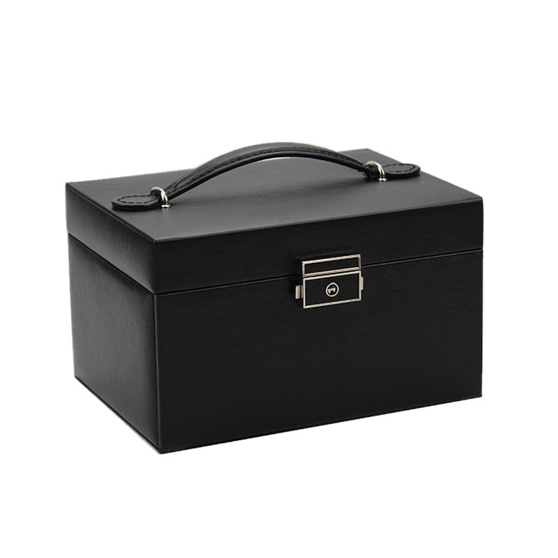 New 3-layers PU Jewelry Box Organizer Large Ring Necklace Display Makeup Holder Cases Leather Jewelry Case With Lock For Women - 200001479 United States / Black-A Find Epic Store