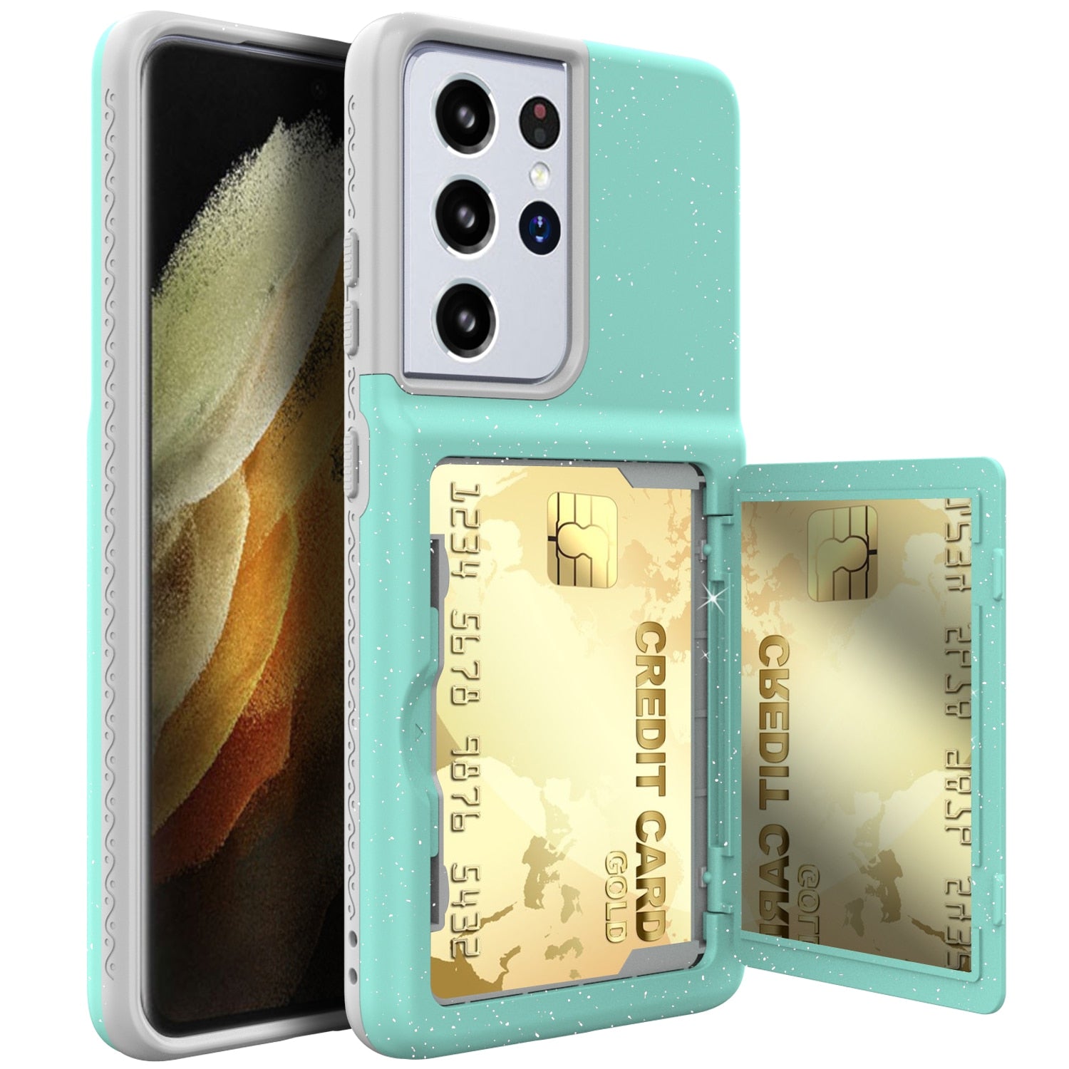 Card Slot Wallet Make Up Mirror Back Cover Flip Case for Samsung Galaxy S21 Ultra Plus Wallet Card Hidden Credit Card Cover S21+ - 380230 for Samsung S21 / Light Green / United States Find Epic Store