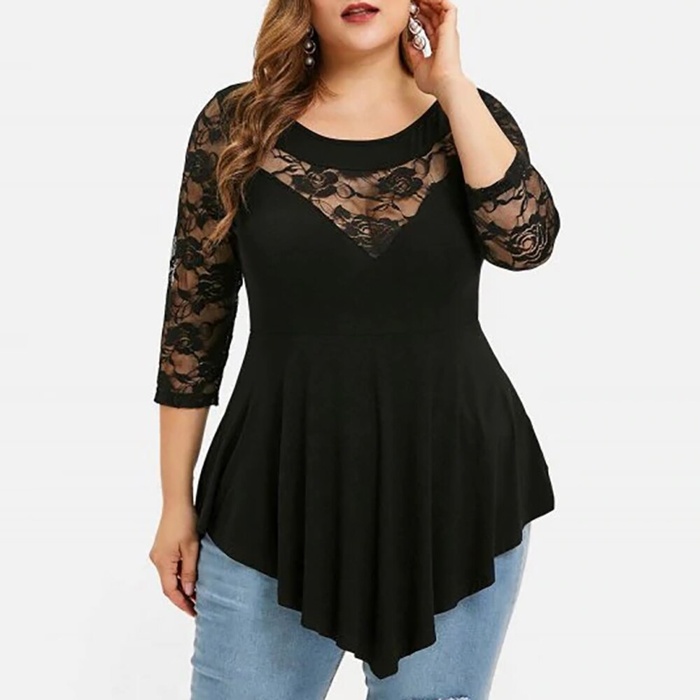 Large Size Sexy O-Neck Long Sleeve Hollow Lace T-Shirt - 200000791 Black / L / United States Find Epic Store