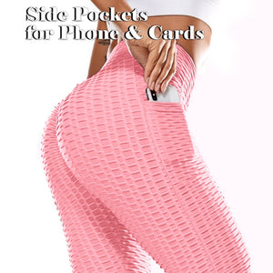 Women's High Waist Yoga Pants Tummy Control Workout Ruched Butt Lifting Stretchy Leggings Textured Booty Tights - 200000614 Pink-with pockets / S / United States Find Epic Store