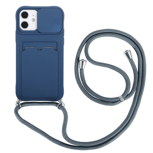 Slide Camera Lens Protection With Card Holder Phone Case for iPhone 11 12 Pro Max XS MAX XR 6s 7 8 Plus Credit Slot With lanyard - 380230 For iPhone 7 or 8 / Blue / United States Find Epic Store