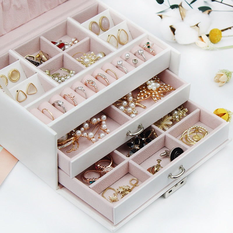 New 3-layers PU Jewelry Box Organizer Large Ring Necklace Display Makeup Holder Cases Leather Jewelry Case With Lock For Women - 200001479 Find Epic Store
