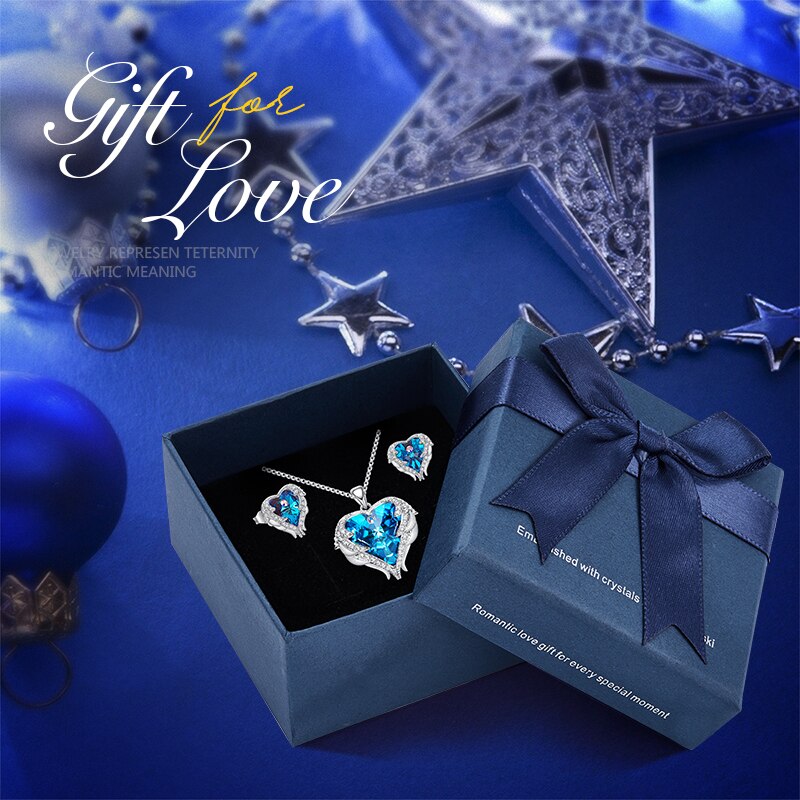 Women Jewelry Set Embellished with Crystals Necklace Earrings Set Fashion Heart Angel Wings Accessories Set - 100007324 Blue in box / United States / 40cm Find Epic Store