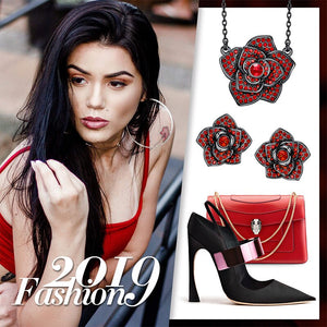 Elegant Fashion Micro Pave AAA Red Austrian Crystal Rose Flower Necklace Earrings Floral Jewelry Set - 100007324 Find Epic Store