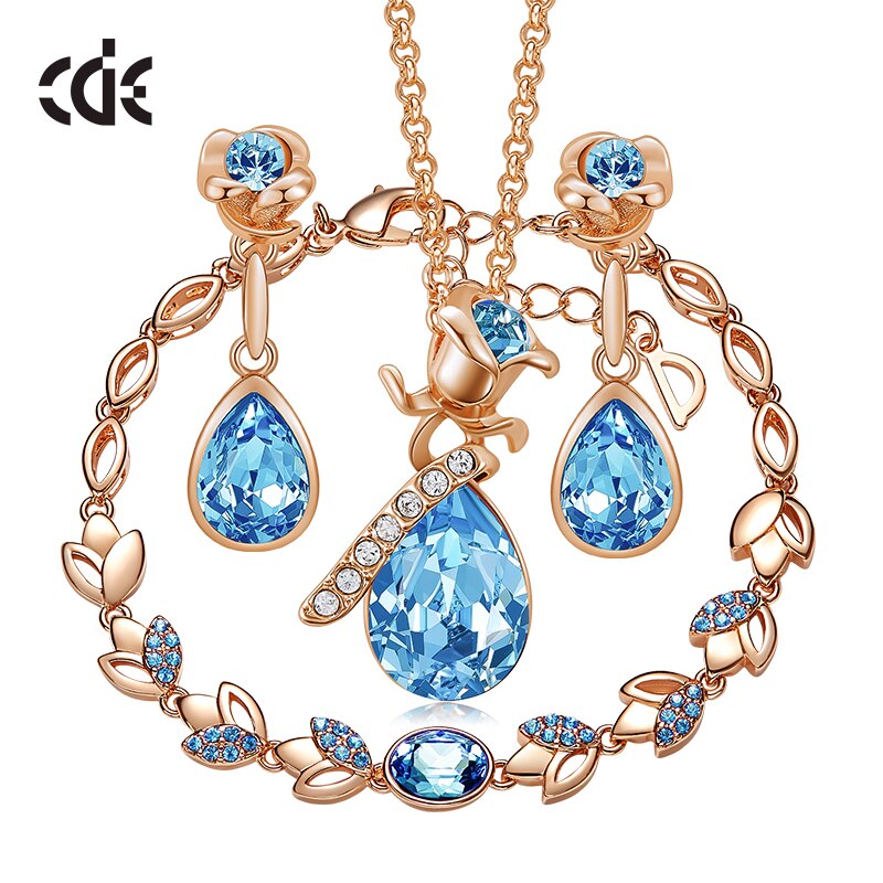 Women Gold Jewelry Set Embellished with Blue Crystal Rose Necklace Earrings Bracelet - 100007324 Sky Blue / United States / 40cm Find Epic Store